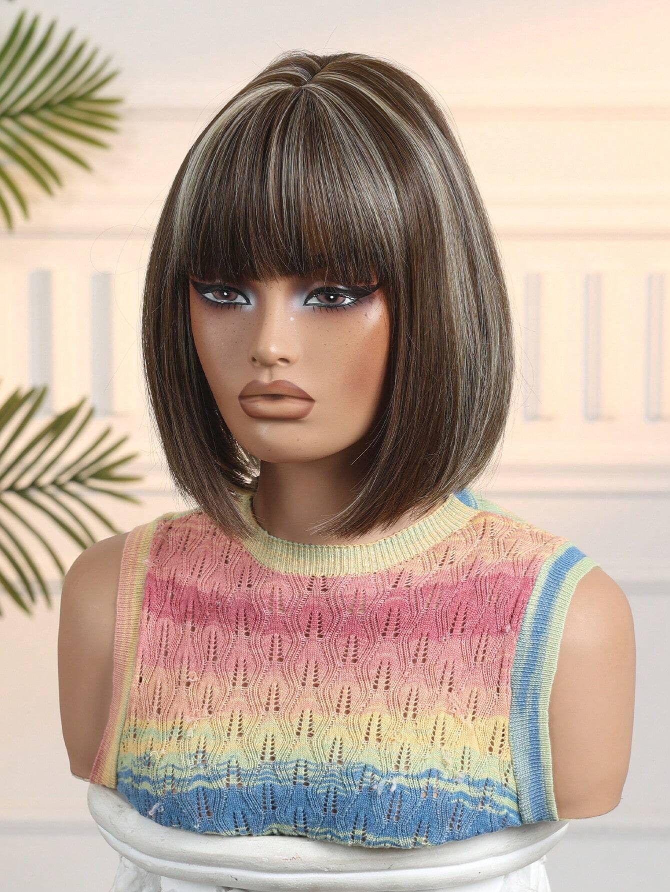 HAIRCUBE 12 Inch Short Straight Hair Wig For Women, Wine Red Claret And Black Multicoloured Synthetic Wig With Bangs Bob Wigs For Daily Life And Party. - So Real Fashion