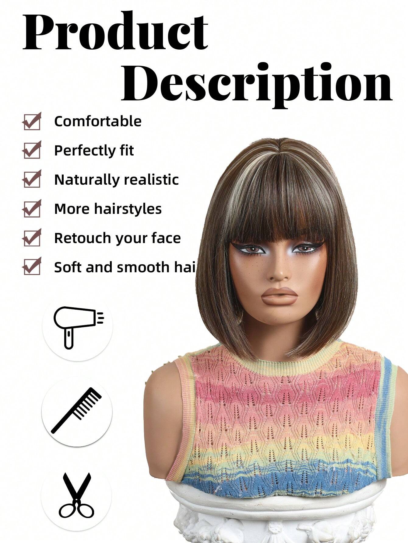 HAIRCUBE 12 Inch Short Straight Hair Wig For Women, Wine Red Claret And Black Multicoloured Synthetic Wig With Bangs Bob Wigs For Daily Life And Party. - So Real Fashion