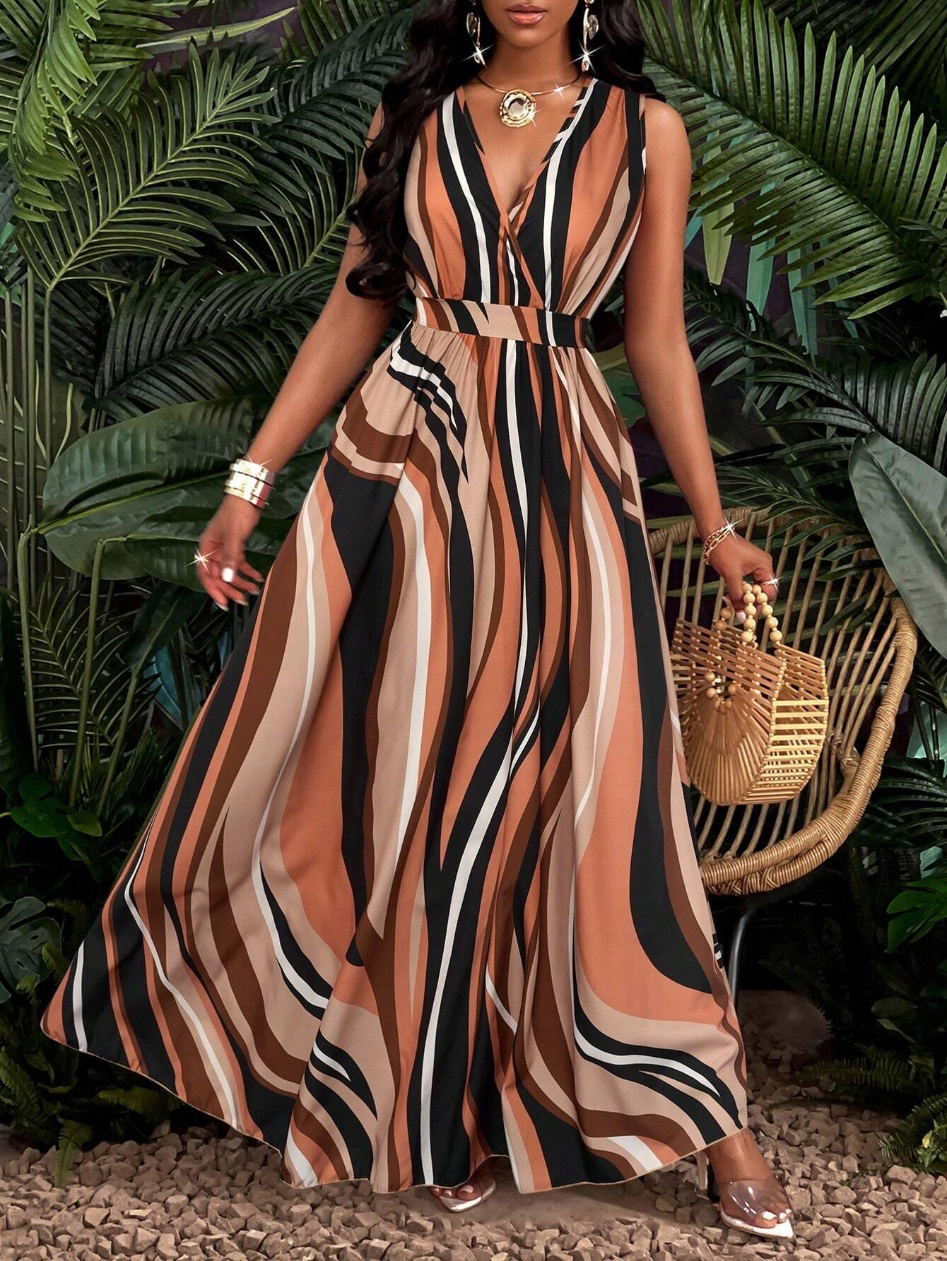 Tropical V Neck Maxi Dress Luxe Knit Flirty Fit. - So Real Fashion