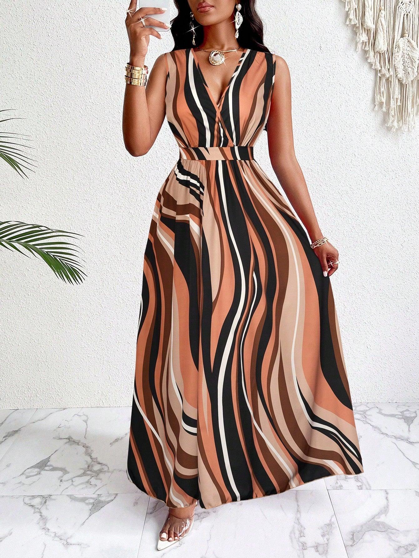 Tropical V Neck Maxi Dress Luxe Knit Flirty Fit. - So Real Fashion