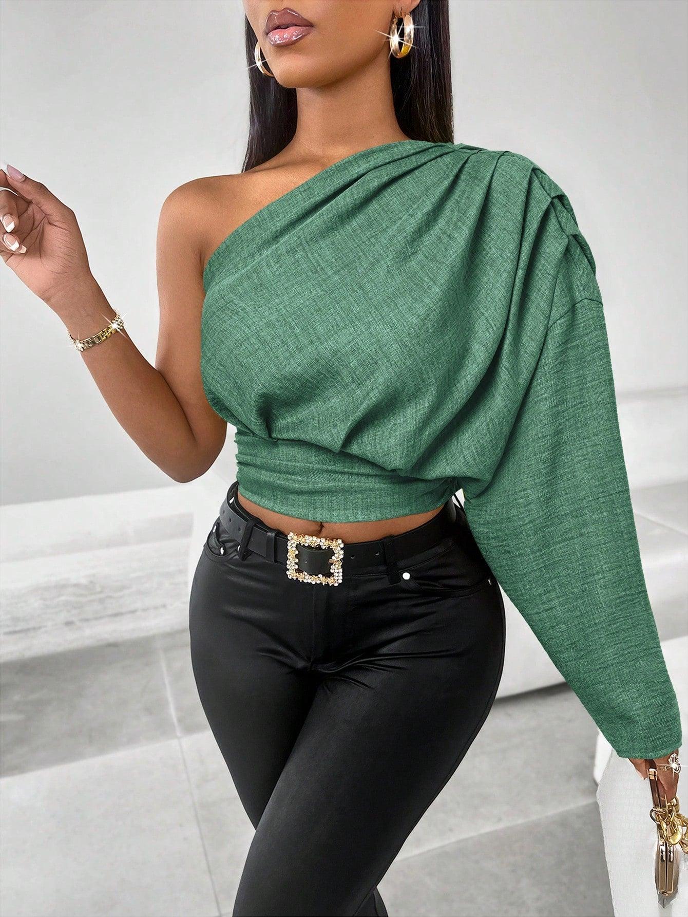 Women's Bule Color One Shoulder Pleated Long Sleeve Blouse,Solid Color Minimalist Casual,Winter Clothing,Fall Outfits,Daily Commuting One Shoulder Topasymmetrical Top - So Real Fashion