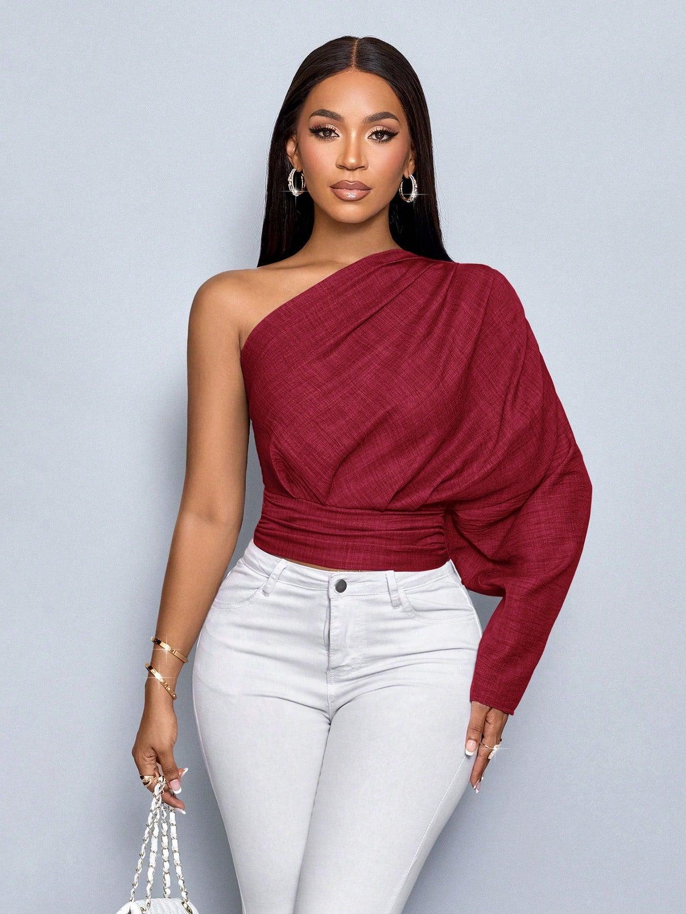 Women's Bule Color One Shoulder Pleated Long Sleeve Blouse,Solid Color Minimalist Casual,Winter Clothing,Fall Outfits,Daily Commuting One Shoulder Topasymmetrical Top - So Real Fashion