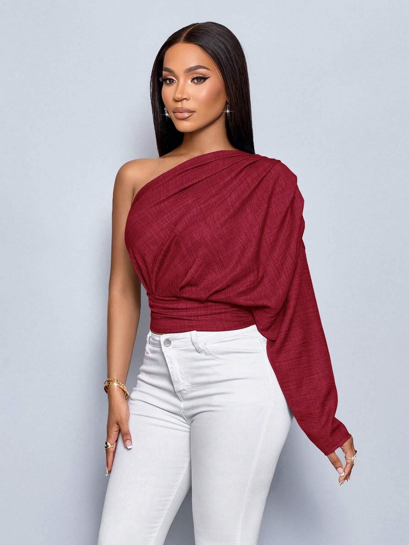 Women's Bule Color One Shoulder Pleated Long Sleeve Blouse,Solid Color Minimalist Casual,Winter Clothing,Fall Outfits,Daily Commuting One Shoulder Topasymmetrical Top - So Real Fashion