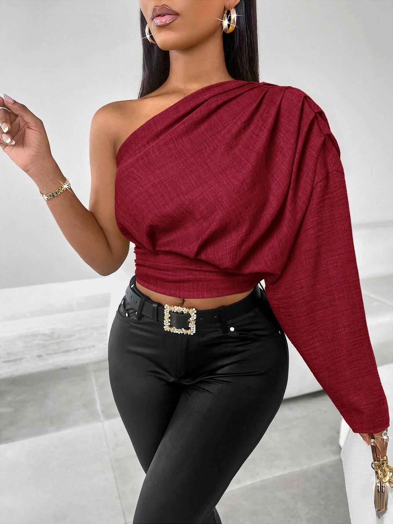 Women's Bule Color One Shoulder Pleated Long Sleeve Blouse,Solid Color Minimalist Casual,Winter Clothing,Fall Outfits,Daily Commuting One Shoulder Topasymmetrical Top - So Real Fashion