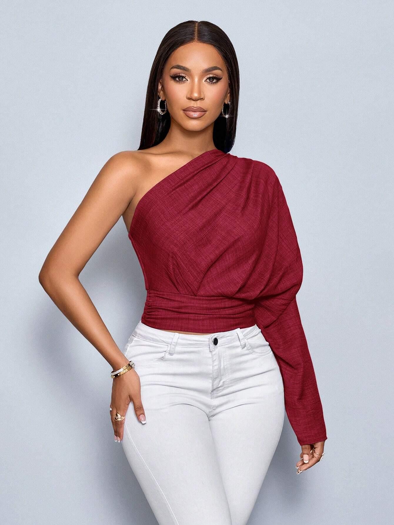 Women's Bule Color One Shoulder Pleated Long Sleeve Blouse,Solid Color Minimalist Casual,Winter Clothing,Fall Outfits,Daily Commuting One Shoulder Topasymmetrical Top - So Real Fashion