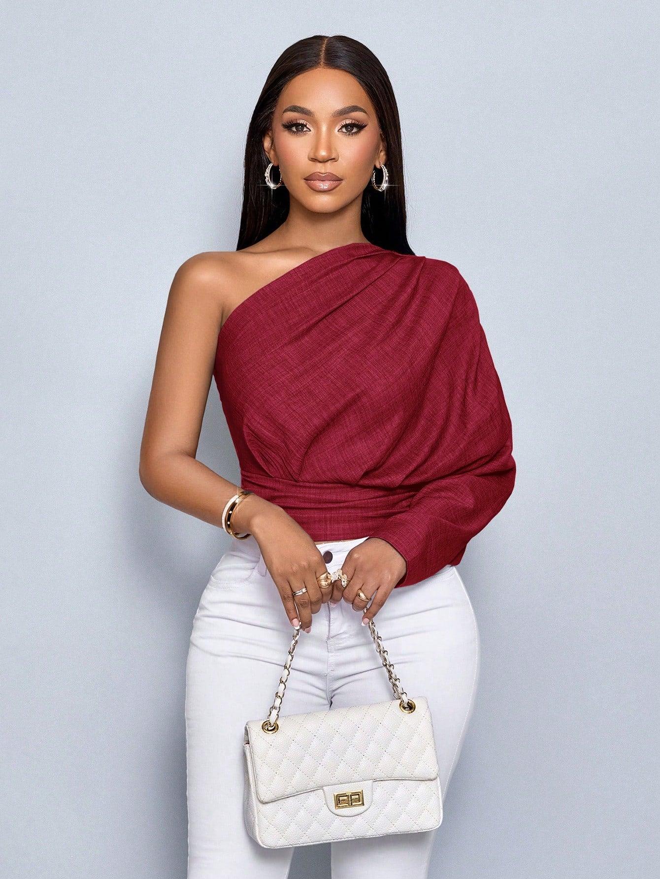 Women's Bule Color One Shoulder Pleated Long Sleeve Blouse,Solid Color Minimalist Casual,Winter Clothing,Fall Outfits,Daily Commuting One Shoulder Topasymmetrical Top - So Real Fashion