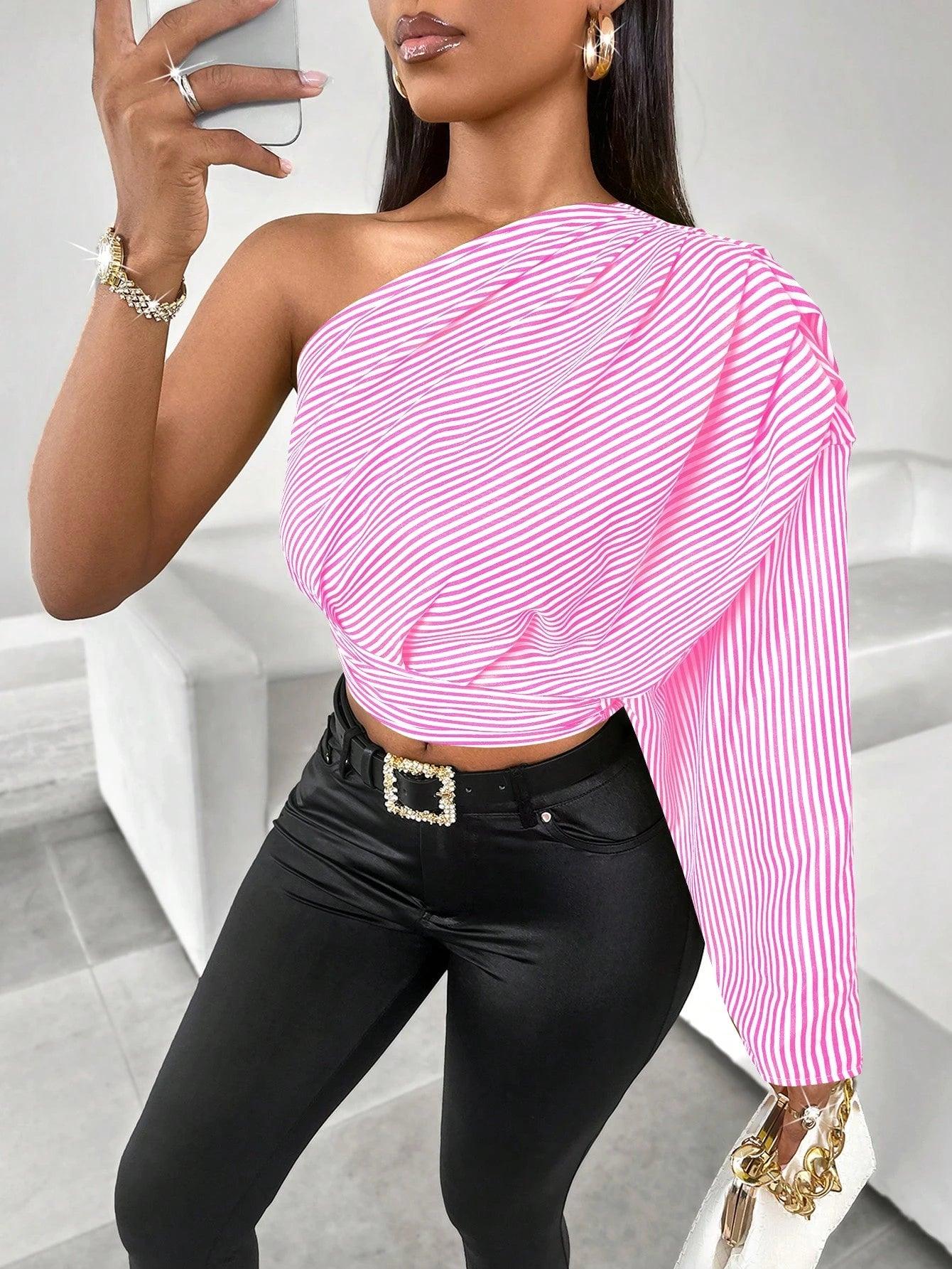 Women's Bule Color One Shoulder Pleated Long Sleeve Blouse,Solid Color Minimalist Casual,Winter Clothing,Fall Outfits,Daily Commuting One Shoulder Topasymmetrical Top - So Real Fashion