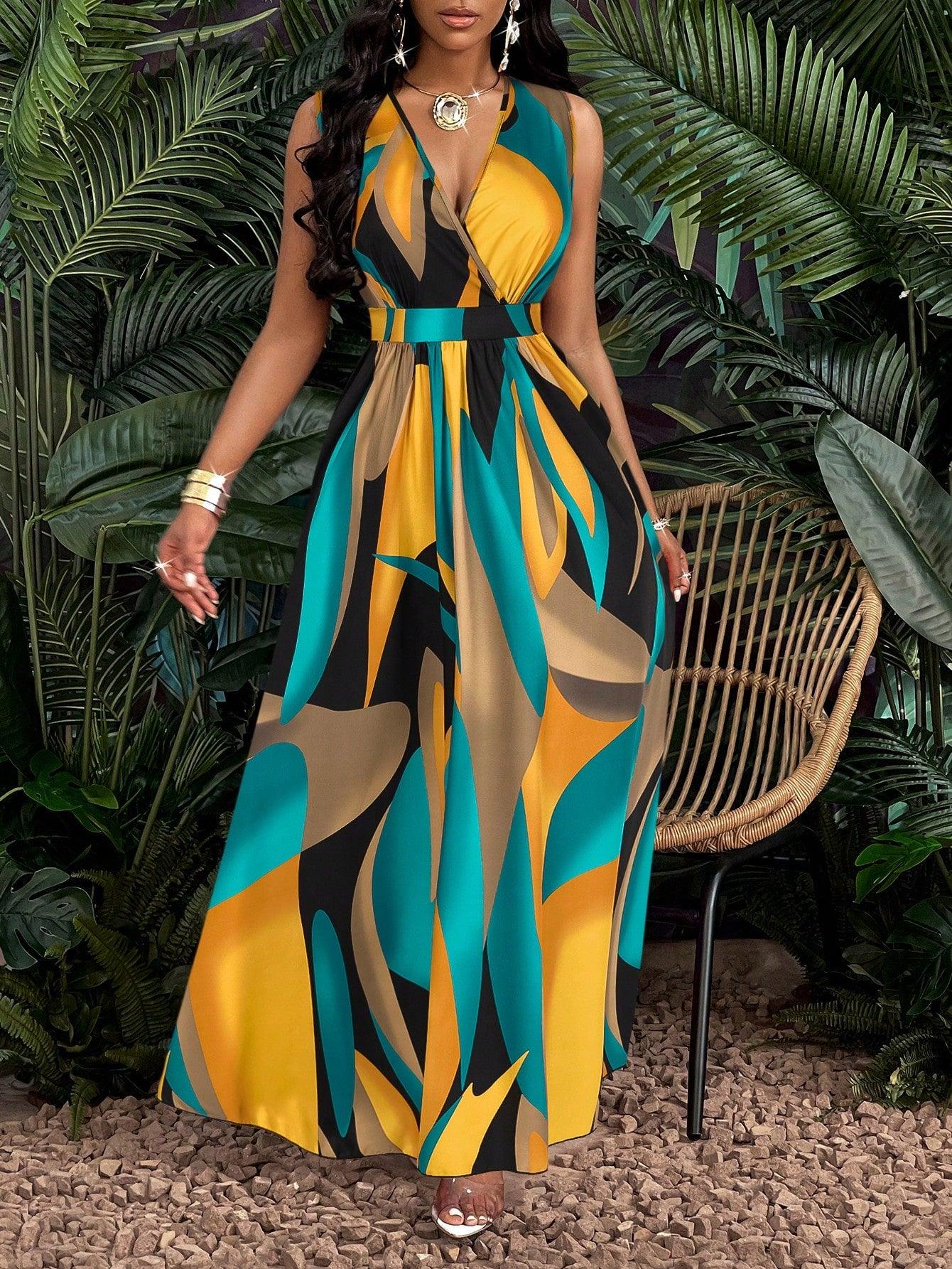 Tropical V Neck Maxi Dress Luxe Knit Flirty Fit. - So Real Fashion