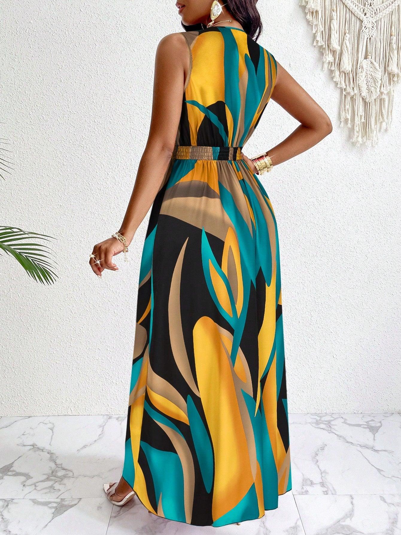 Tropical V Neck Maxi Dress Luxe Knit Flirty Fit. - So Real Fashion