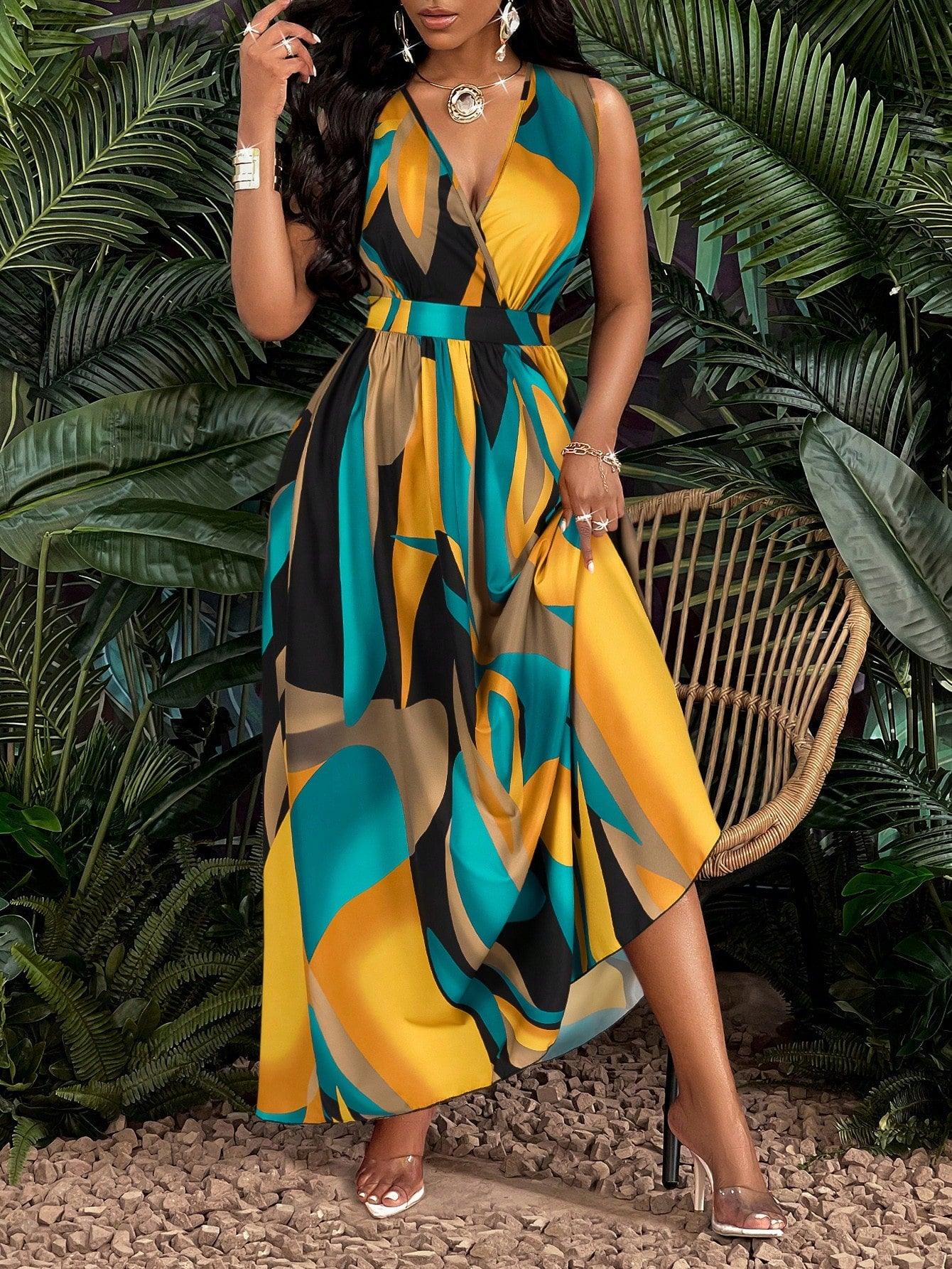 Tropical V Neck Maxi Dress Luxe Knit Flirty Fit. - So Real Fashion