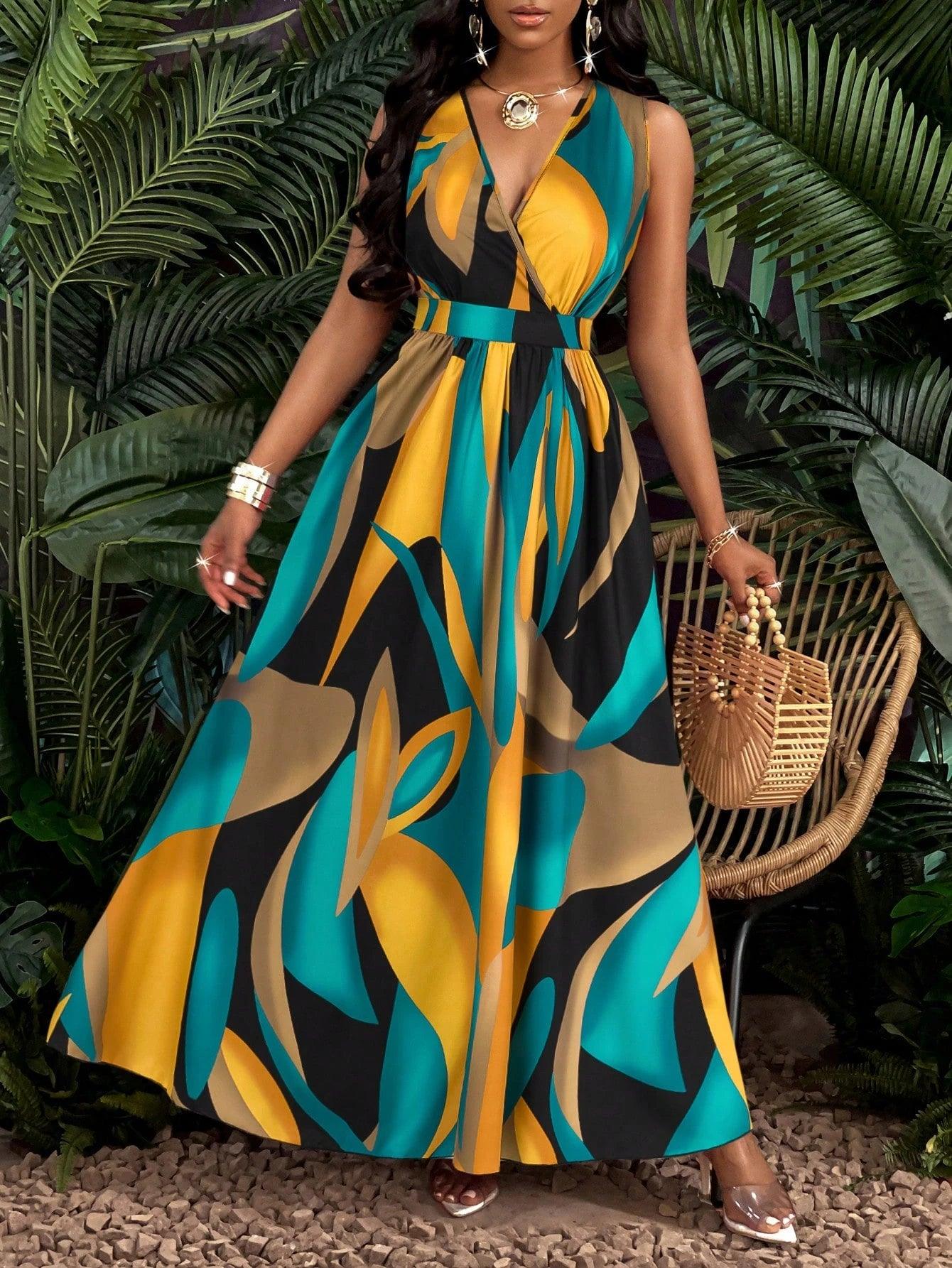 Tropical V Neck Maxi Dress Luxe Knit Flirty Fit. - So Real Fashion