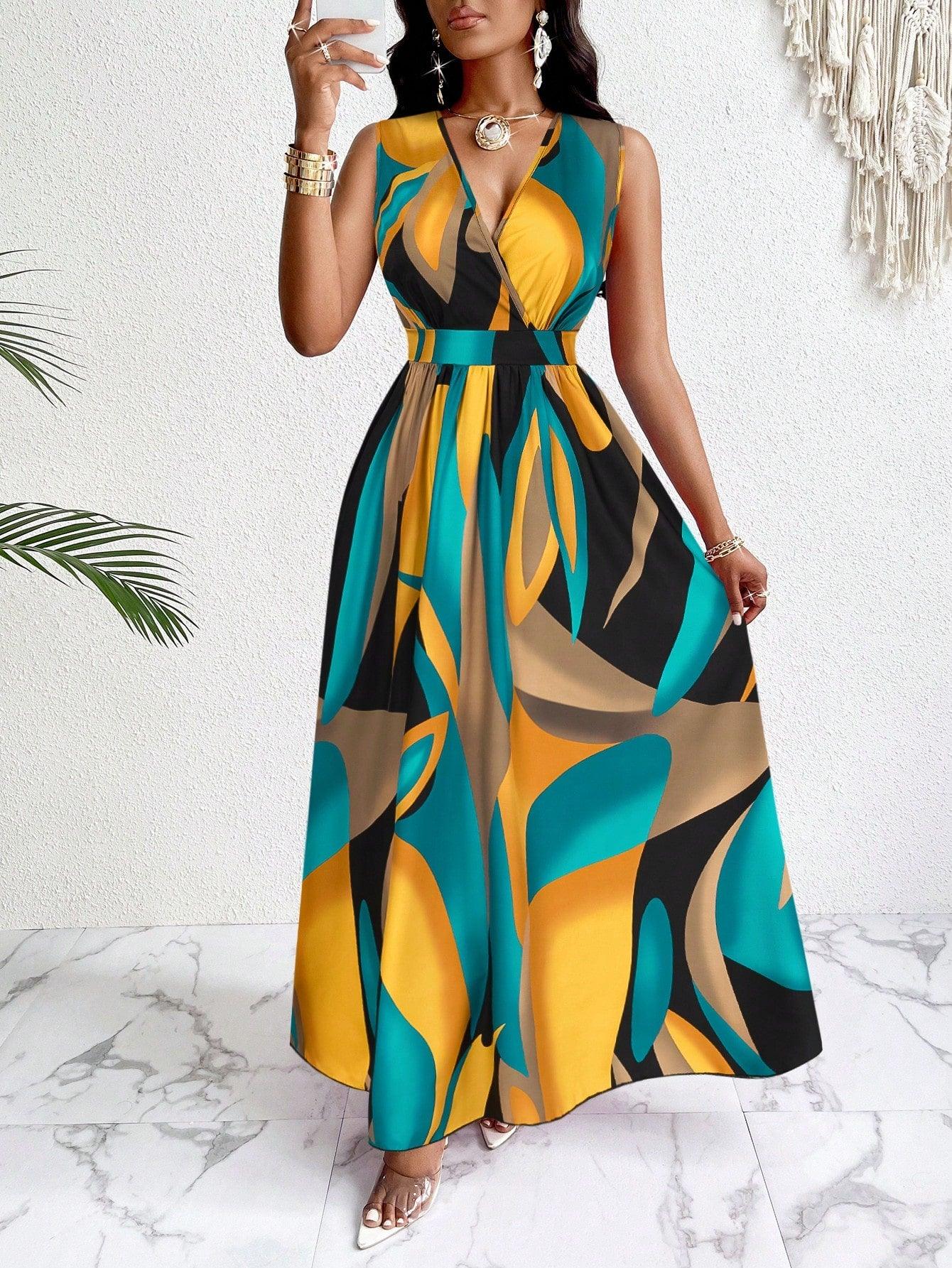 Tropical V Neck Maxi Dress Luxe Knit Flirty Fit. - So Real Fashion