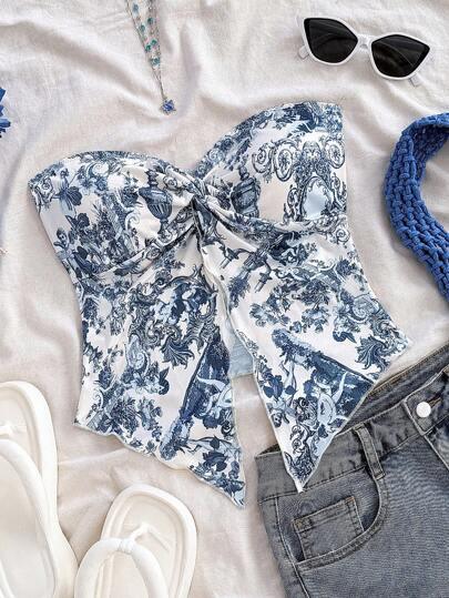 Dreamy Blue Floral Crop Top Vacation Ready - So Real Fashion