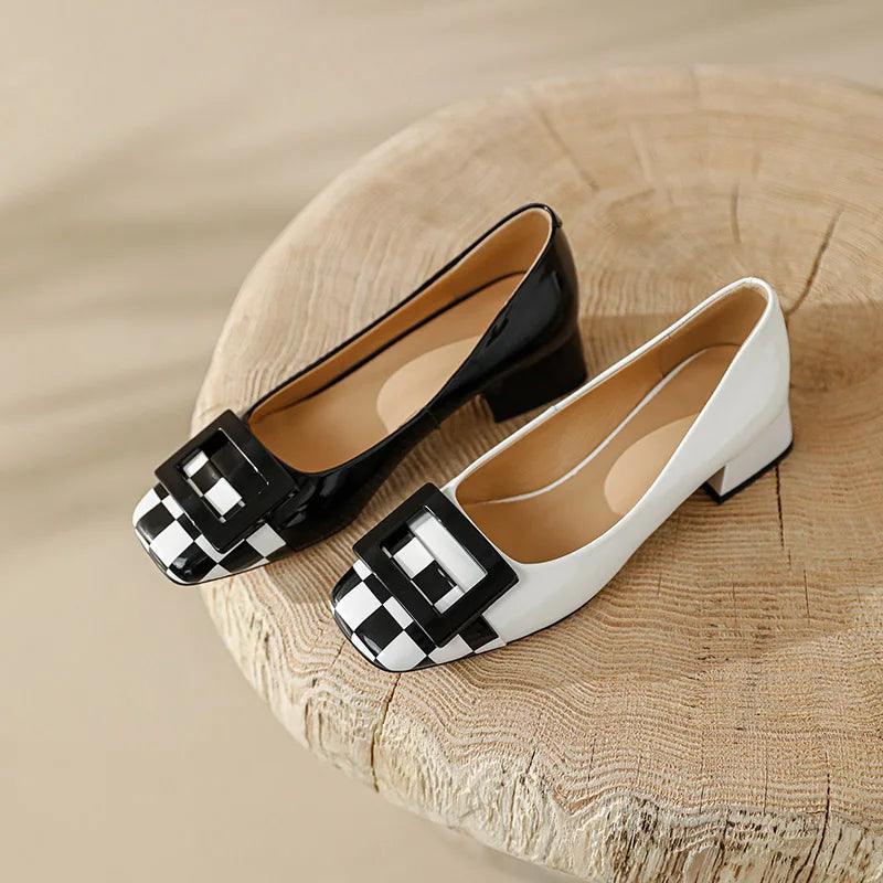 Phoentin Woman's checkered Square Button slip-on Pumps Spring new Retro mid Heels Genuine Leather office lady shoes FT1842 - So Real Fashion