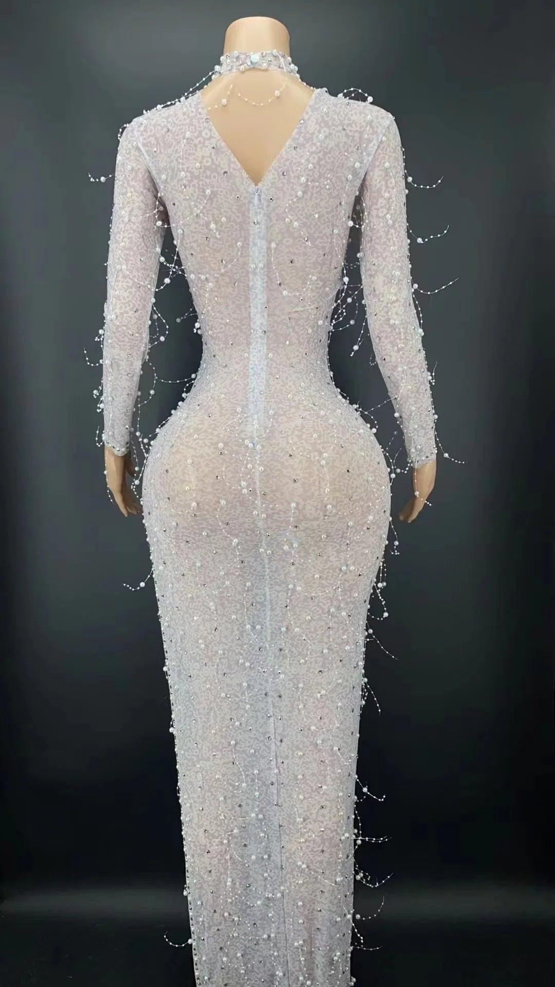 Sexy Silver Rhinestone Sequins Long Sleeves Transparent Dress Evening Birthday Costume Women Dancer Celebrate Show Outfit - So Real Fashion