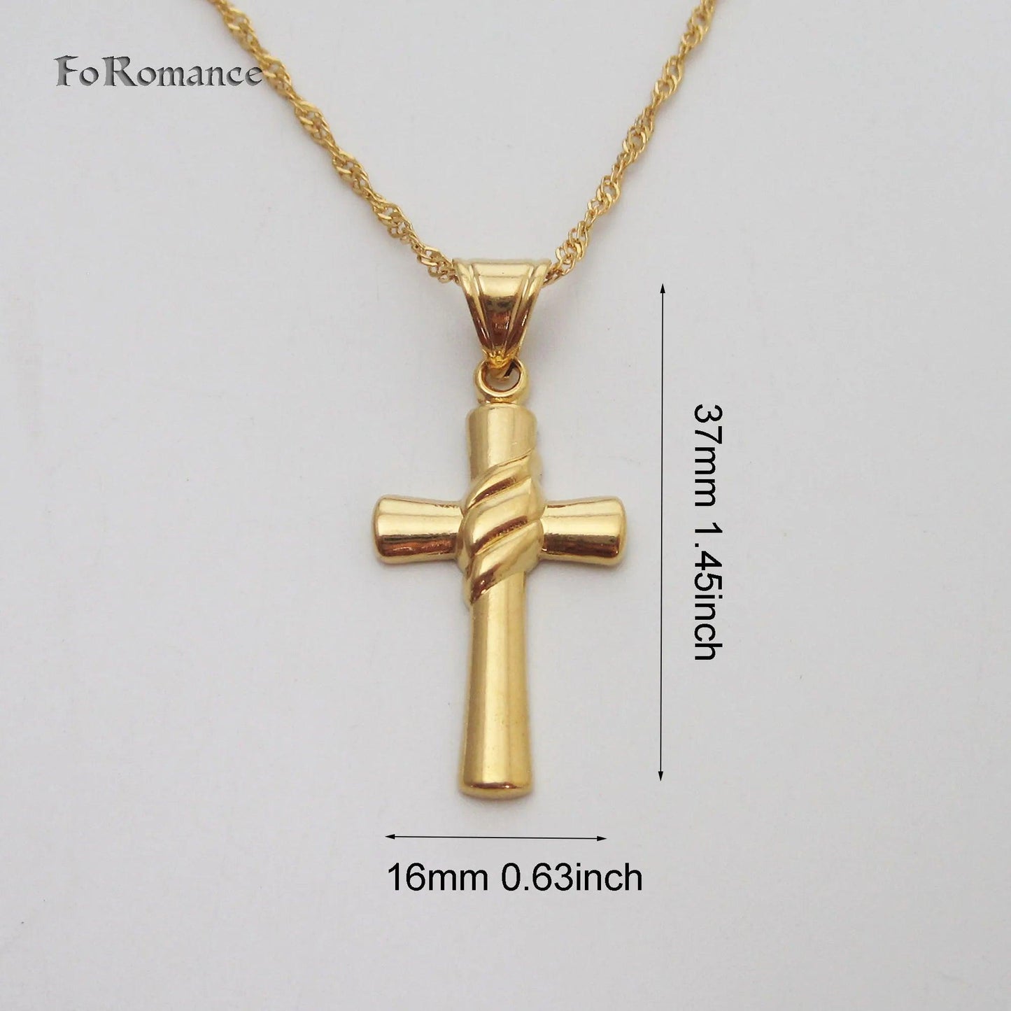 YELLOW GOLD COLOR 45CM WATER WAVE NECKLACE PLAIN SURFACE JESUS CROSS GOD PENDANT - So Real Fashion