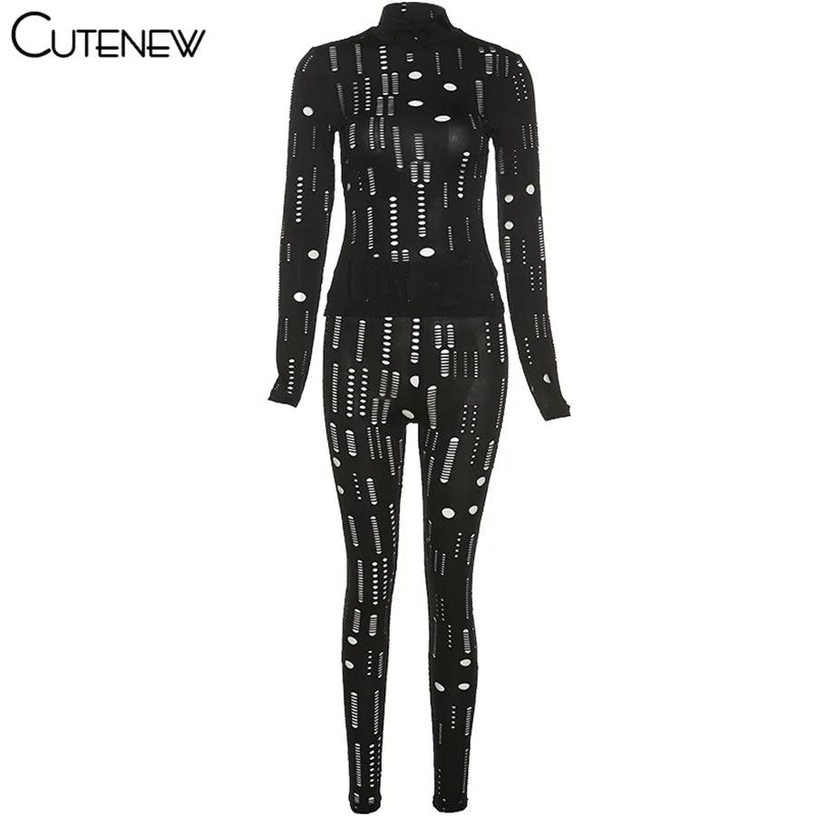 Cutenew Solid Irregular Hole Two Piece Set Women Outfits Sexy Skinny Long Sleeve Bodycon+Leggings Matching Lady Sporty Streetwea - So Real Fashion