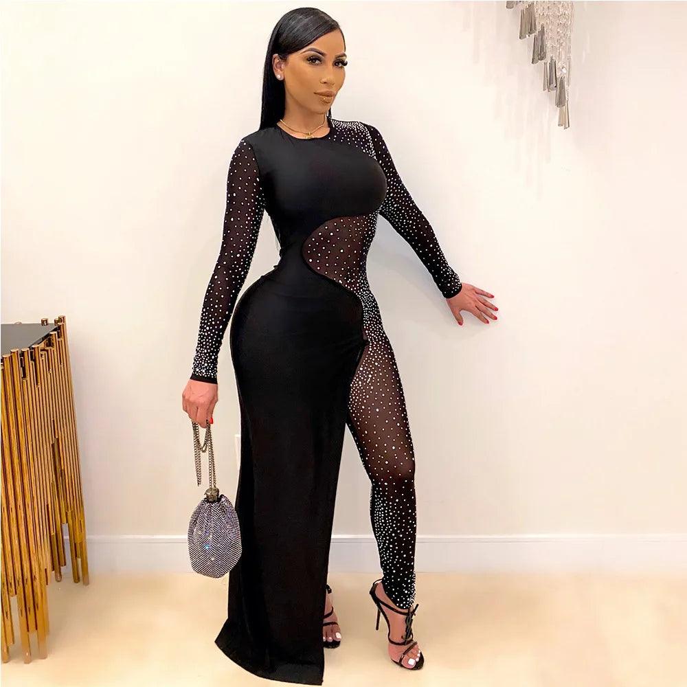 Bandage Long Sleeve Diamonds Mesh Female Clothing Streetwear Jumpsuits Sexy Outfit Night Club Party Suits Birthday For Women's - So Real Fashion