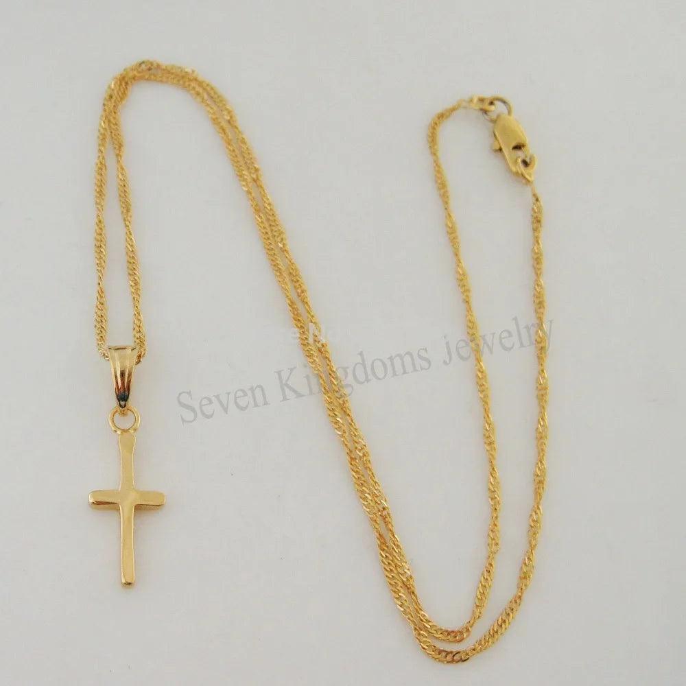 YELLOW GOLD COLOR 45CM WATER WAVE NECKLACE PLAIN SURFACE JESUS CROSS GOD PENDANT - So Real Fashion