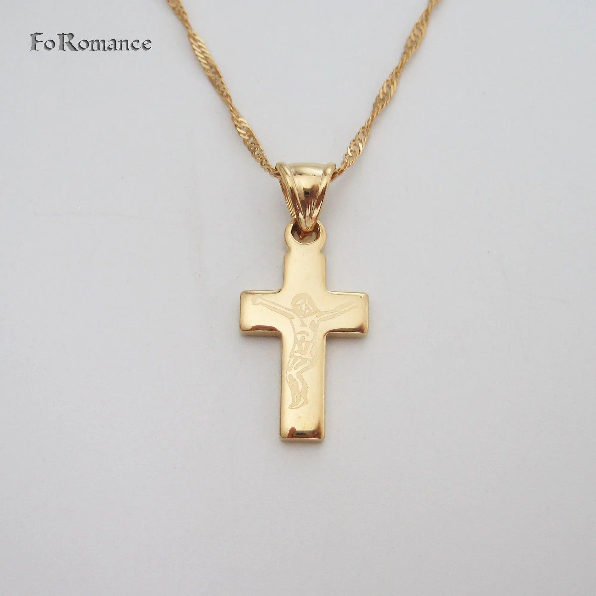 YELLOW GOLD COLOR 45CM WATER WAVE NECKLACE PLAIN SURFACE JESUS CROSS GOD PENDANT - So Real Fashion