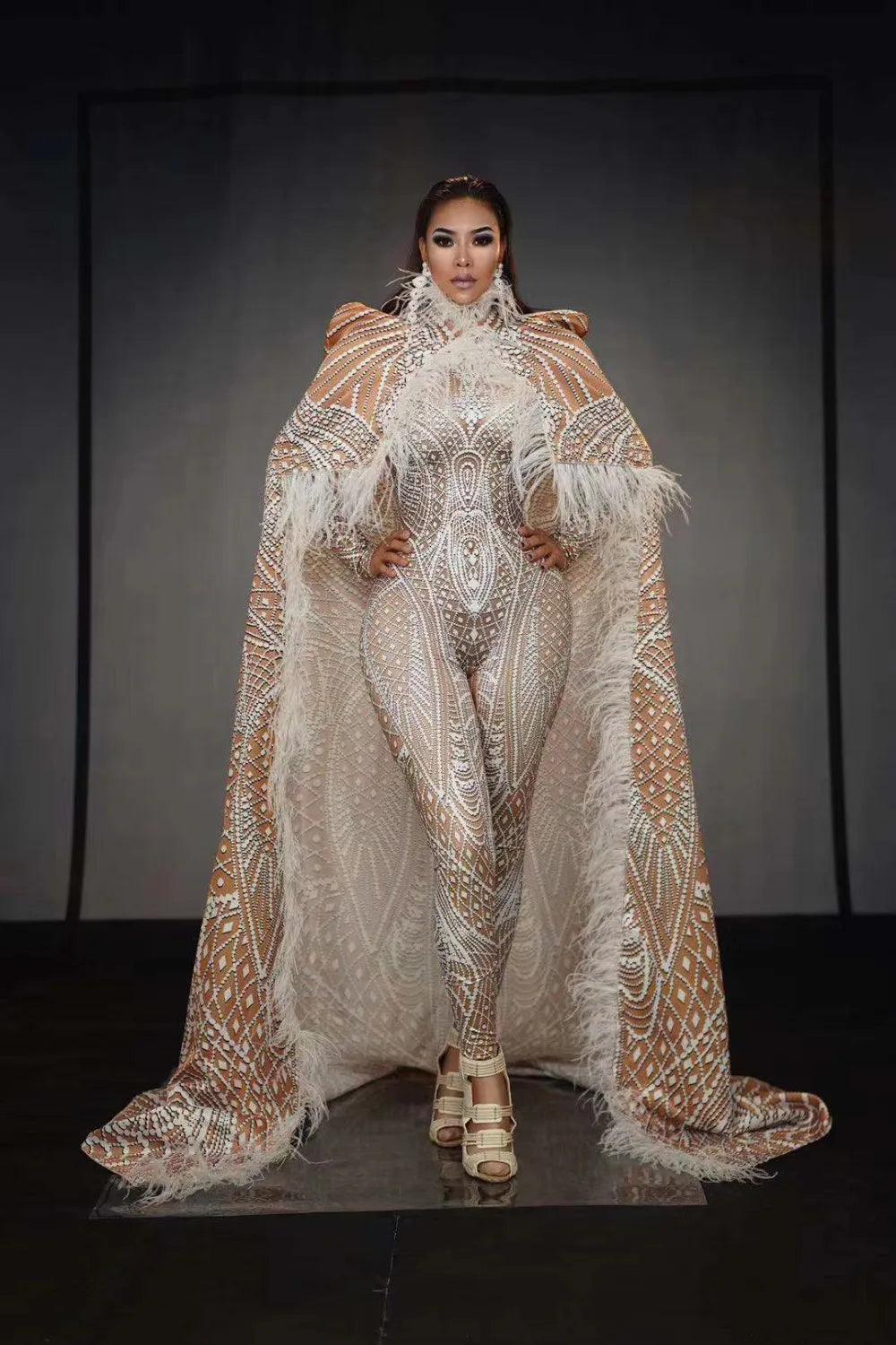 White Pattern Party Jumpsuit Feather Long Cloak Women Men Evening Snow Queen Singer Dancer Stage Clothes Performance Outfit Sets - So Real Fashion