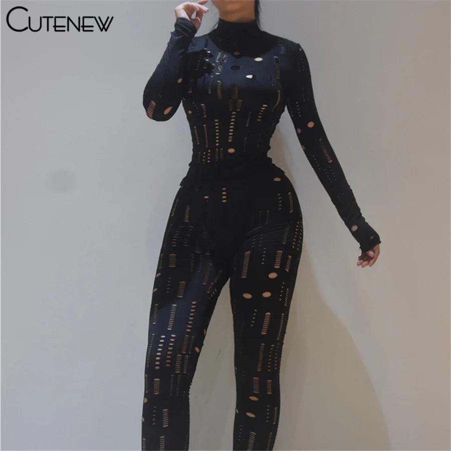 Cutenew Solid Irregular Hole Two Piece Set Women Outfits Sexy Skinny Long Sleeve Bodycon+Leggings Matching Lady Sporty Streetwea - So Real Fashion