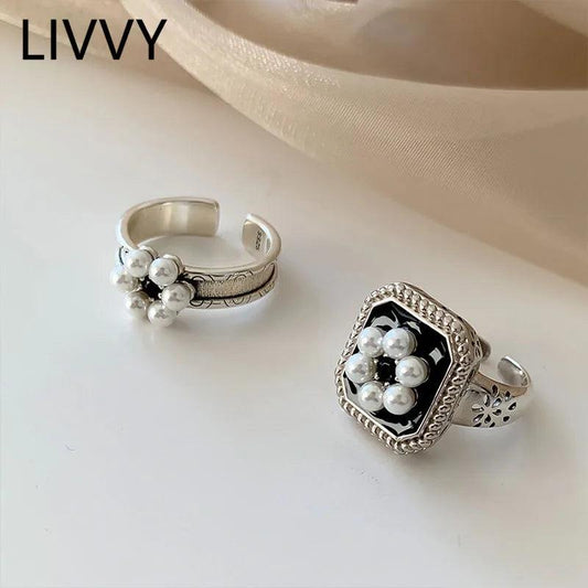 LIVVY Silver Color Opening Ring For Women Wedding Couple New Vintage Creative Pearl Party Jewelry Accessories 2021 Trend - So Real Fashion