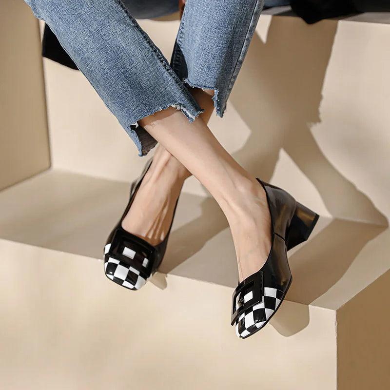 Phoentin Woman's checkered Square Button slip-on Pumps Spring new Retro mid Heels Genuine Leather office lady shoes FT1842 - So Real Fashion