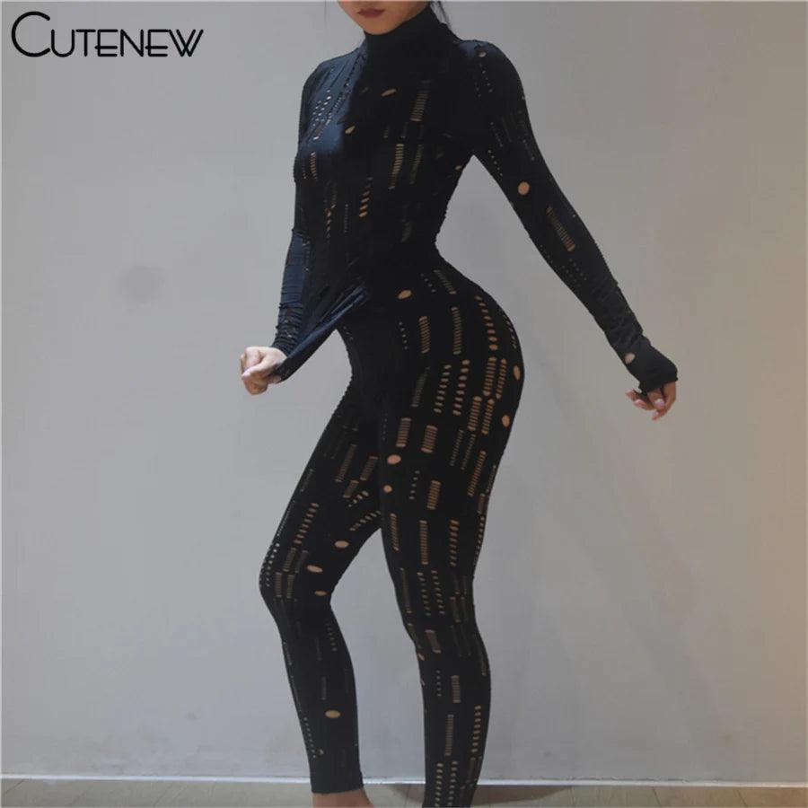 Cutenew Solid Irregular Hole Two Piece Set Women Outfits Sexy Skinny Long Sleeve Bodycon+Leggings Matching Lady Sporty Streetwea - So Real Fashion