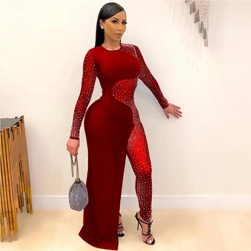 Bandage Long Sleeve Diamonds Mesh Female Clothing Streetwear Jumpsuits Sexy Outfit Night Club Party Suits Birthday For Women's - So Real Fashion