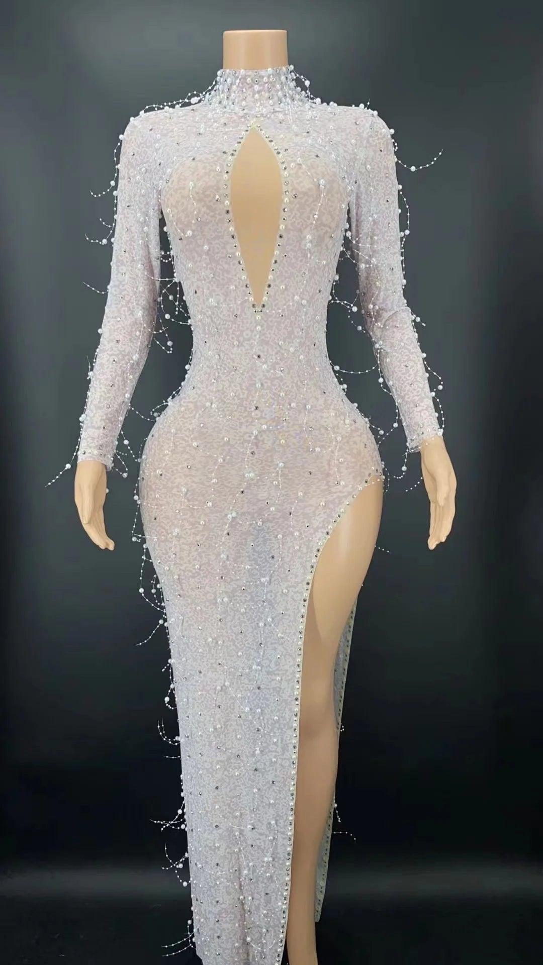 Sexy Silver Rhinestone Sequins Long Sleeves Transparent Dress Evening Birthday Costume Women Dancer Celebrate Show Outfit - So Real Fashion