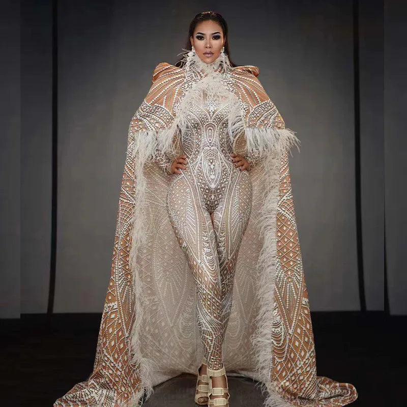 White Pattern Party Jumpsuit Feather Long Cloak Women Men Evening Snow Queen Singer Dancer Stage Clothes Performance Outfit Sets - So Real Fashion