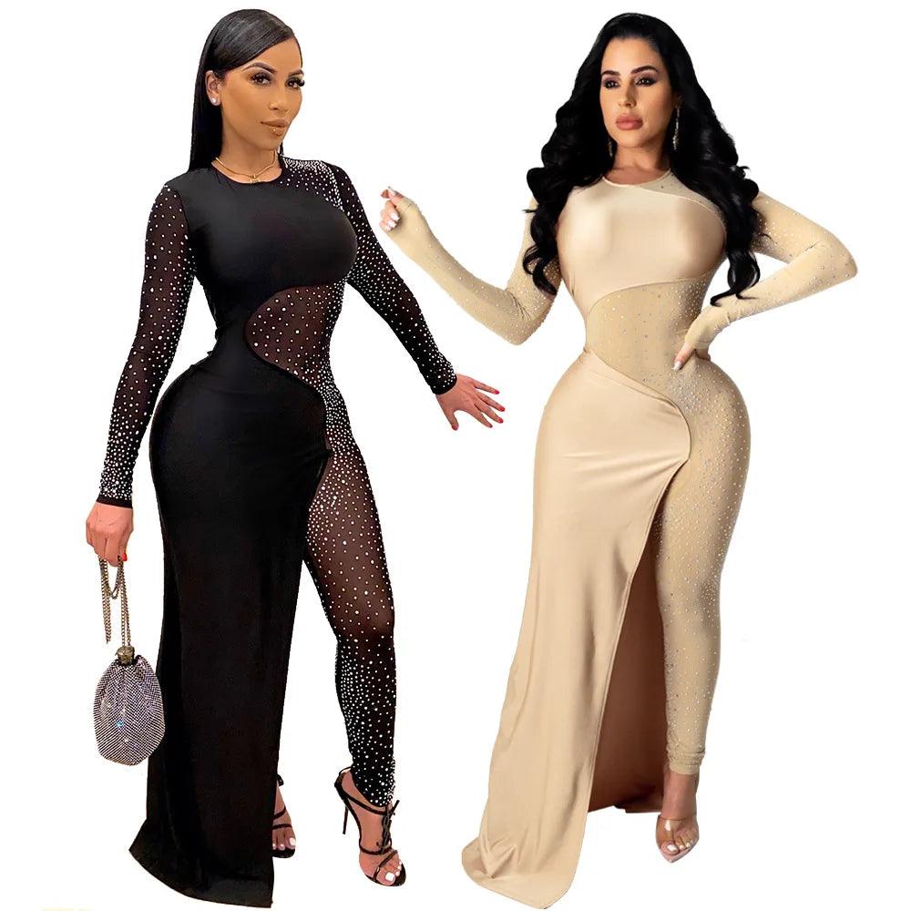 Bandage Long Sleeve Diamonds Mesh Female Clothing Streetwear Jumpsuits Sexy Outfit Night Club Party Suits Birthday For Women's - So Real Fashion