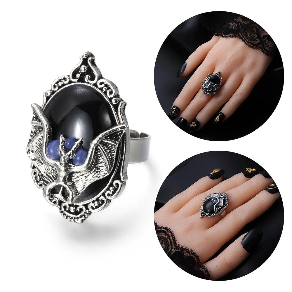 Gothic Vampire Bat Ring Crystal Ring Gothic Witch Ring Victorian Pagan Jewelry Gift For Bat Lovers Adjustable Bat Cameo Rings - So Real Fashion