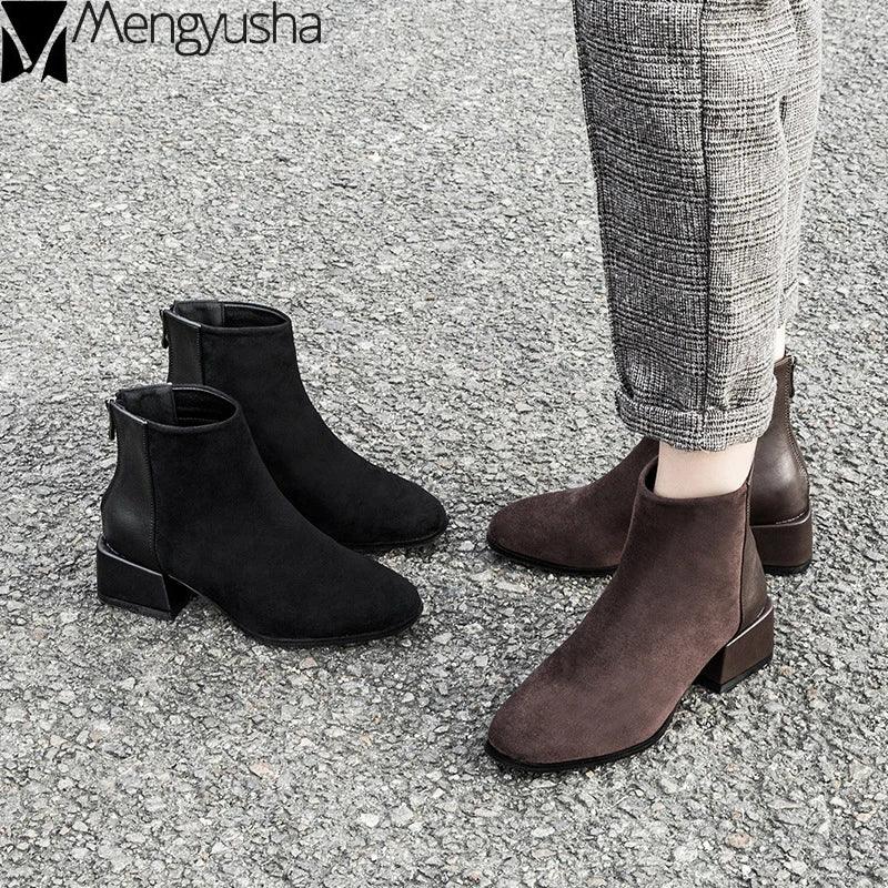 Genuine leather&flock winter british retro boots woman elegant chunky chelsea botines back zipper brief short botas mujer - So Real Fashion