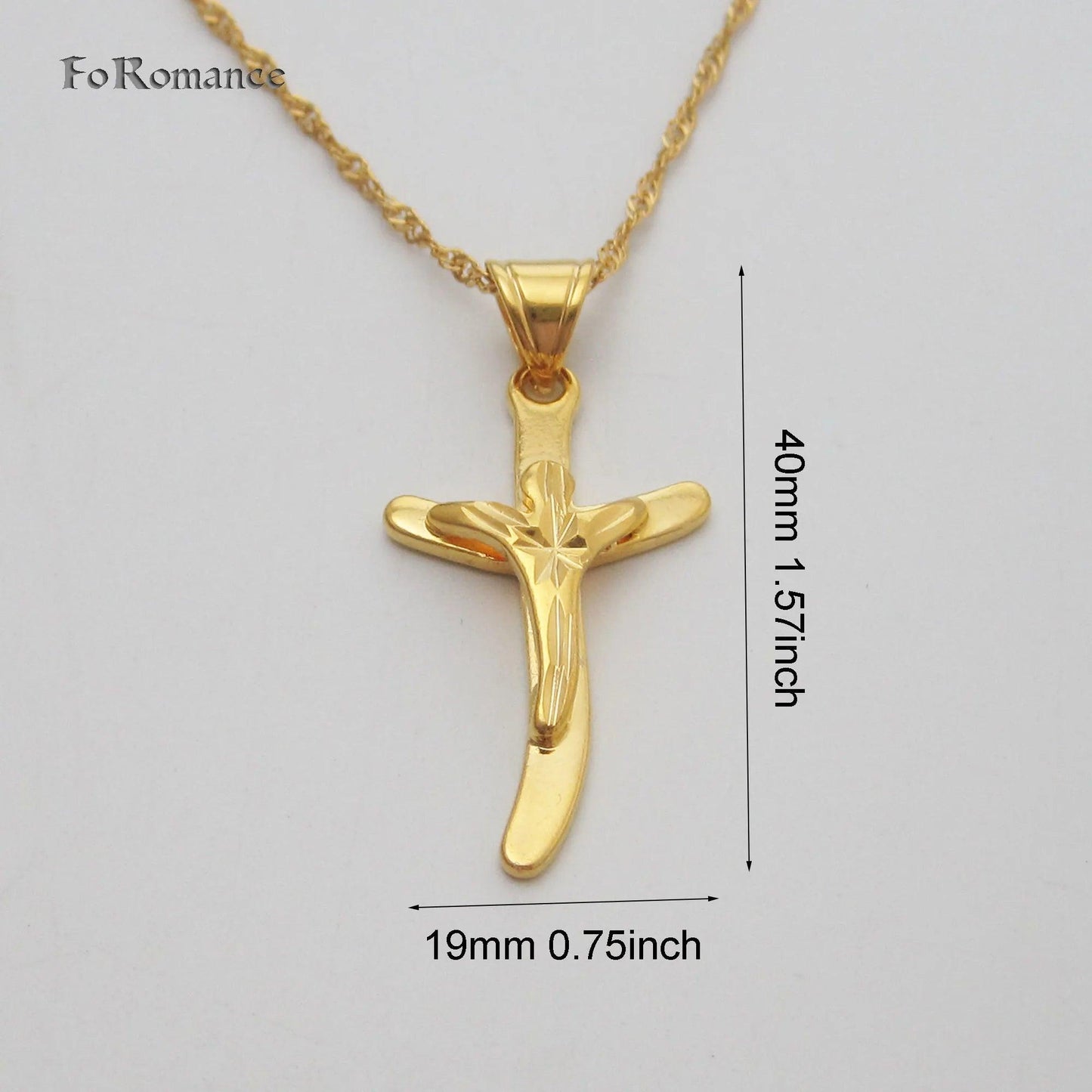 YELLOW GOLD COLOR 45CM WATER WAVE NECKLACE PLAIN SURFACE JESUS CROSS GOD PENDANT - So Real Fashion