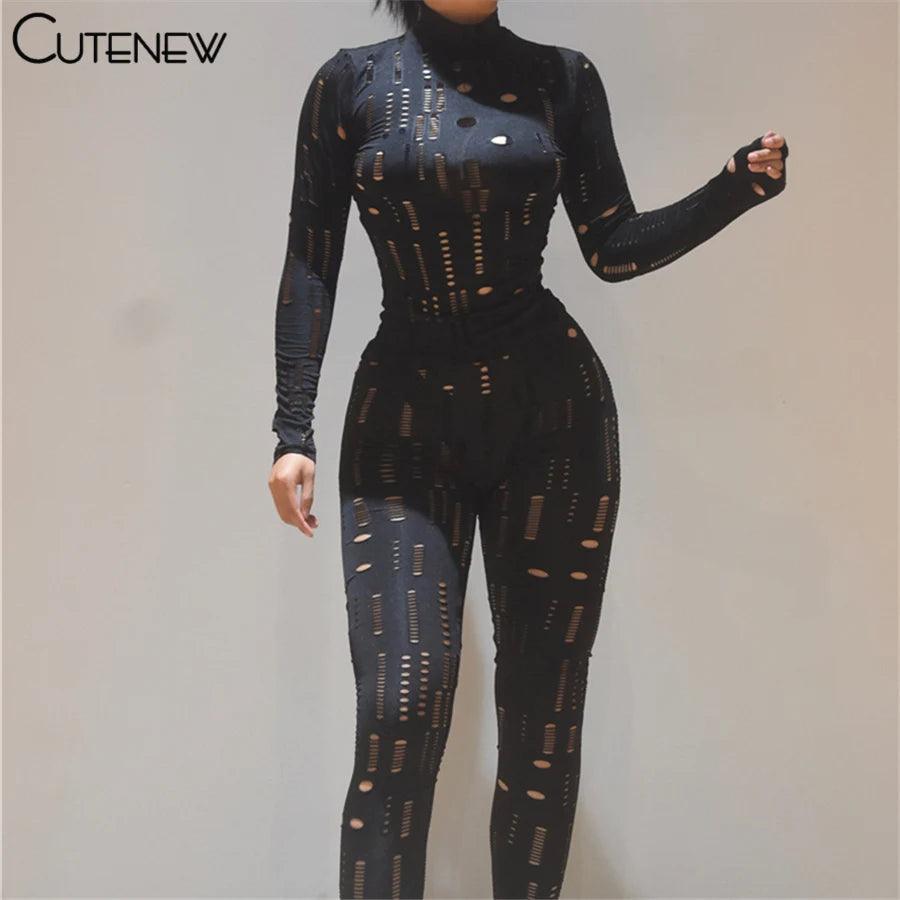 Cutenew Solid Irregular Hole Two Piece Set Women Outfits Sexy Skinny Long Sleeve Bodycon+Leggings Matching Lady Sporty Streetwea - So Real Fashion