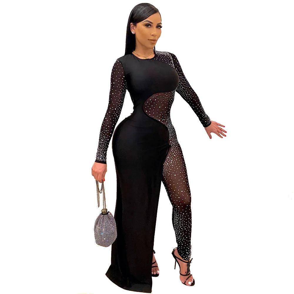 Bandage Long Sleeve Diamonds Mesh Female Clothing Streetwear Jumpsuits Sexy Outfit Night Club Party Suits Birthday For Women's - So Real Fashion