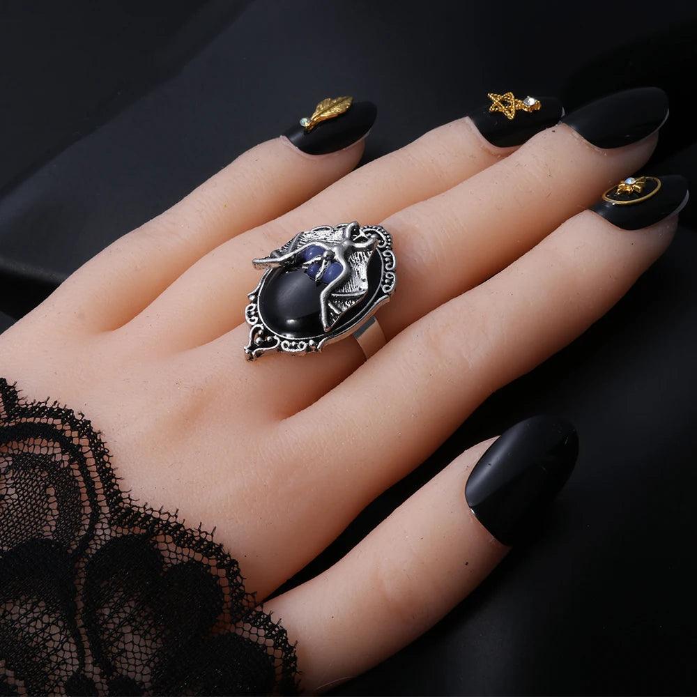 Gothic Vampire Bat Ring Crystal Ring Gothic Witch Ring Victorian Pagan Jewelry Gift For Bat Lovers Adjustable Bat Cameo Rings - So Real Fashion