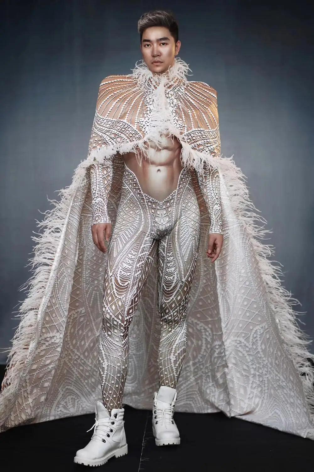 White Pattern Party Jumpsuit Feather Long Cloak Women Men Evening Snow Queen Singer Dancer Stage Clothes Performance Outfit Sets - So Real Fashion