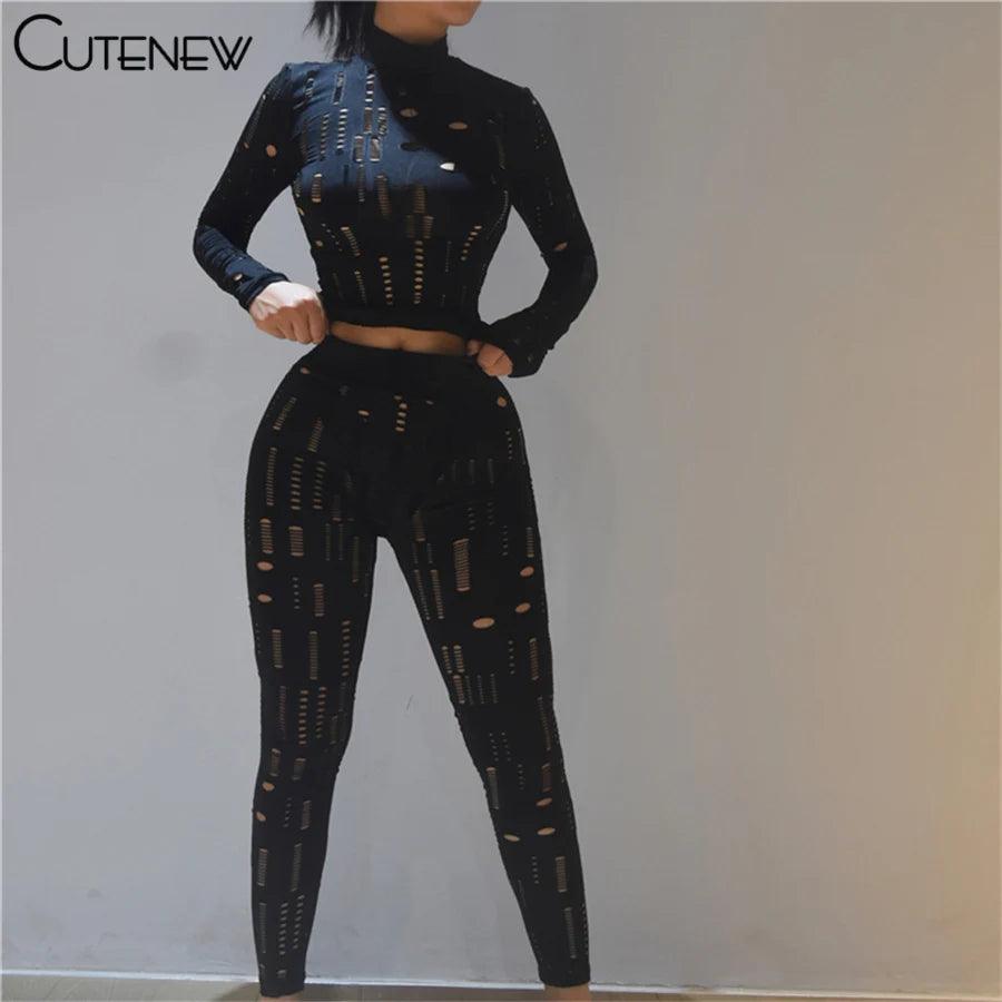 Cutenew Solid Irregular Hole Two Piece Set Women Outfits Sexy Skinny Long Sleeve Bodycon+Leggings Matching Lady Sporty Streetwea - So Real Fashion