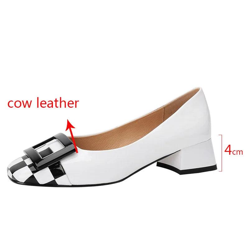 Phoentin Woman's checkered Square Button slip-on Pumps Spring new Retro mid Heels Genuine Leather office lady shoes FT1842 - So Real Fashion