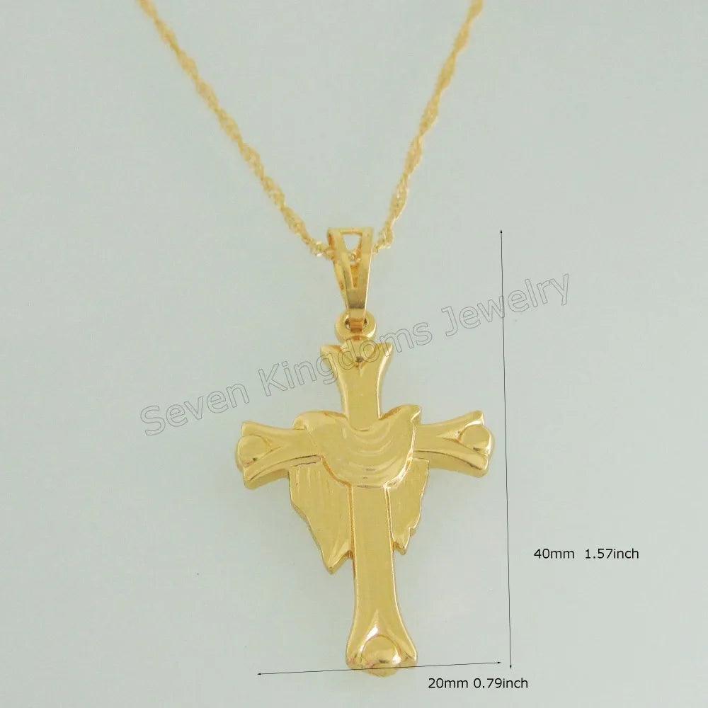 YELLOW GOLD COLOR 45CM WATER WAVE NECKLACE PLAIN SURFACE JESUS CROSS GOD PENDANT - So Real Fashion