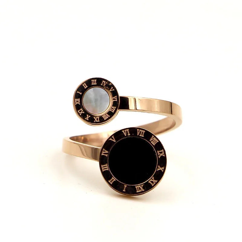 Fashion Brand Rose Gold Color Stainless Steel Roman Numerals Black White Shell Double Round Ring Woman Party Wedding Gift.