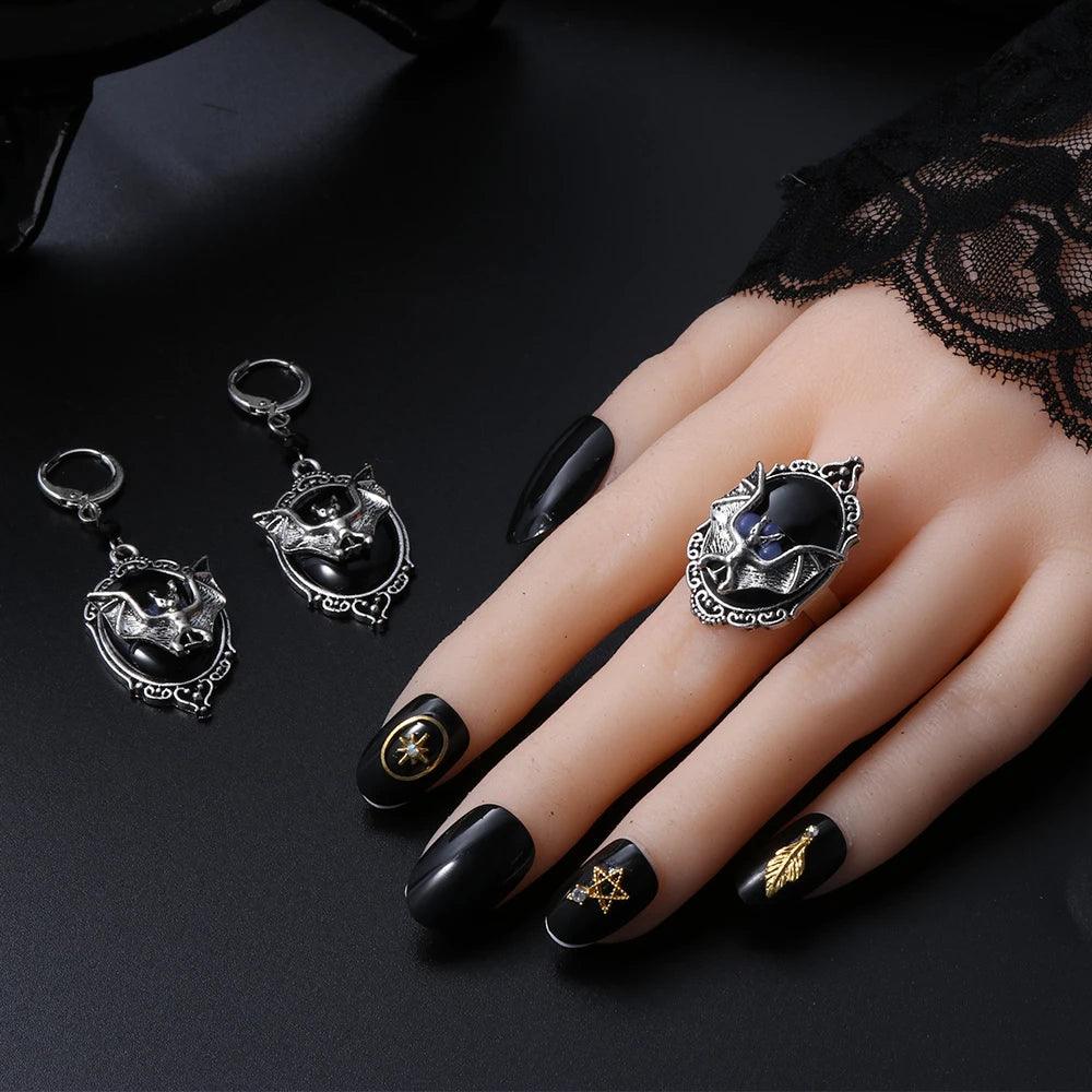 Gothic Vampire Bat Ring Crystal Ring Gothic Witch Ring Victorian Pagan Jewelry Gift For Bat Lovers Adjustable Bat Cameo Rings - So Real Fashion