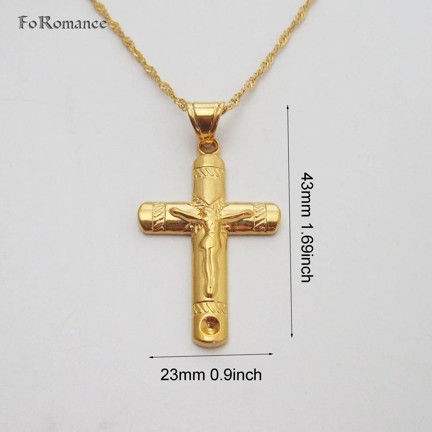 YELLOW GOLD COLOR 45CM WATER WAVE NECKLACE PLAIN SURFACE JESUS CROSS GOD PENDANT - So Real Fashion