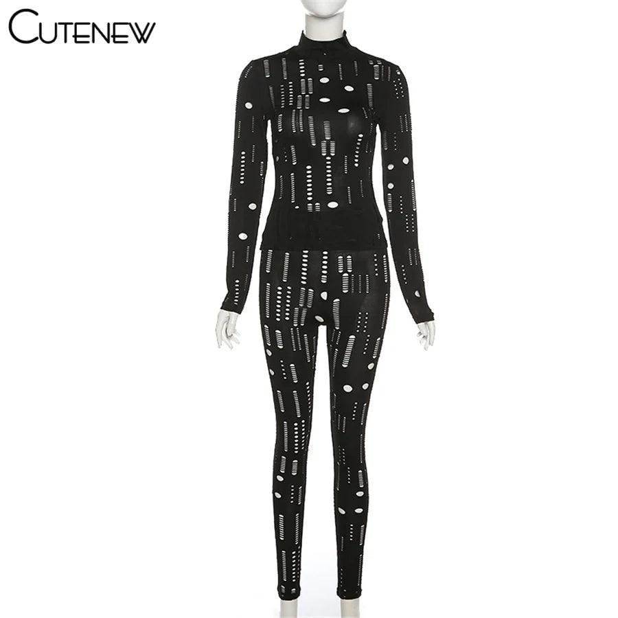 Cutenew Solid Irregular Hole Two Piece Set Women Outfits Sexy Skinny Long Sleeve Bodycon+Leggings Matching Lady Sporty Streetwea - So Real Fashion