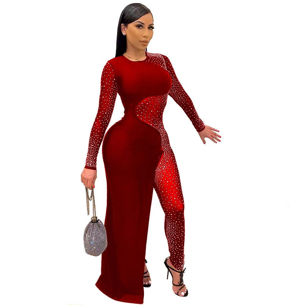 Bandage Long Sleeve Diamonds Mesh Female Clothing Streetwear Jumpsuits Sexy Outfit Night Club Party Suits Birthday For Women's - So Real Fashion