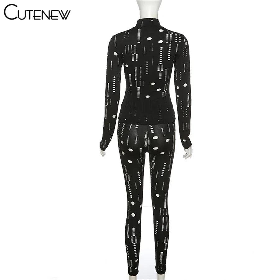 Cutenew Solid Irregular Hole Two Piece Set Women Outfits Sexy Skinny Long Sleeve Bodycon+Leggings Matching Lady Sporty Streetwea - So Real Fashion