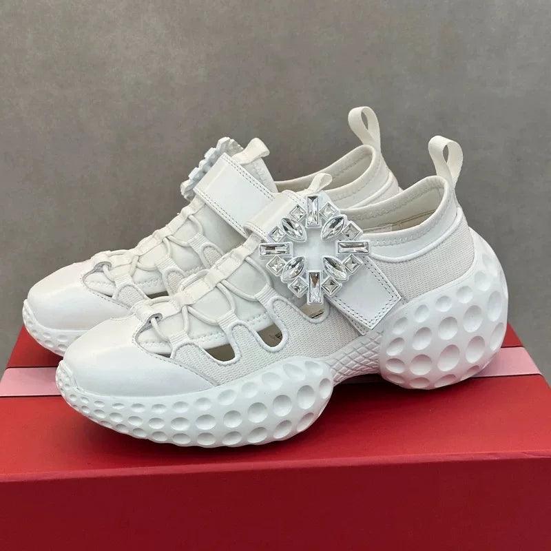 High quality hollow old daddy shoes women thick sole summer new mesh square buckle rhinestone Velcro increase casual sports - So Real Fashion